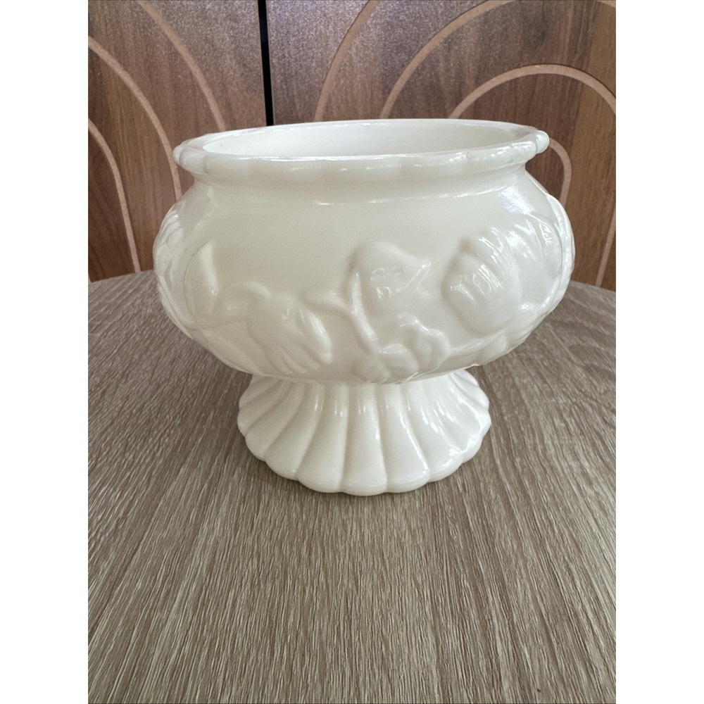 Vintage Milk Glass Ivy Rose Floral Pedestal Bowl Planter Vase 4.5" Tall
